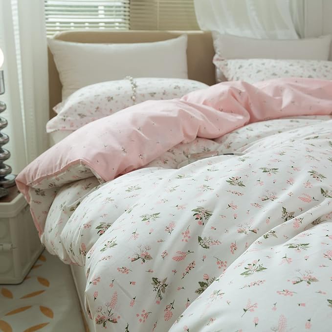 LifeTB Garden Style Duvet Cover Floral Print Bedding Sets King Pink White Floral Comforter Cover Cotton Chic Flower Print Duvet Cover for Girl Women Boho with Zipper Closure 4 Ties