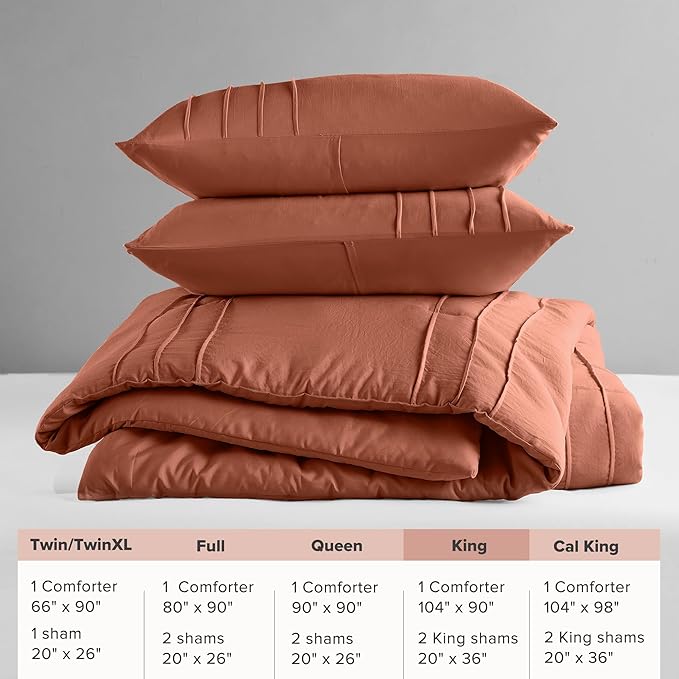 Comfort Spaces Clay King Size Comforter Set - 3 Pieces Pintuck Pleated Bedding Sets, All Season Lightweight, Extra Softness Pre-Washed Microfiber King Bed Set, Shams, King