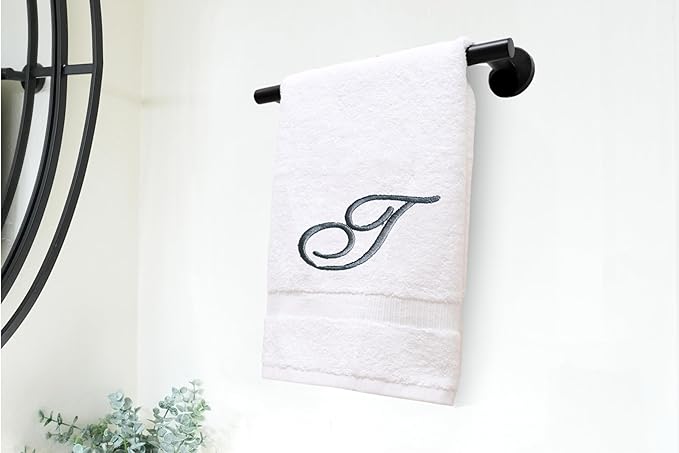 White Monogrammed Hand Towels for Bathroom - Luxury Hotel Quality Personalized Initial Embroidered Towel for Powder Room, Spa - GOTS Organic Certified - Set of 2 Dark Gray Letter T