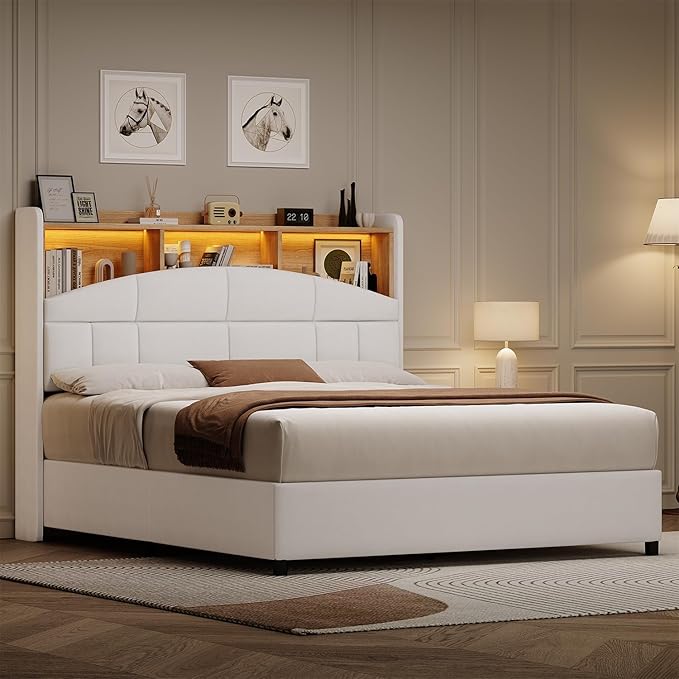 Queen Bed Frame with Headboard, Velvet Upholstered Bed Frame with LED Lights, Queen Platform Bed with Wooden Slats Support, No Box Spring Needed, No Noise, Beige