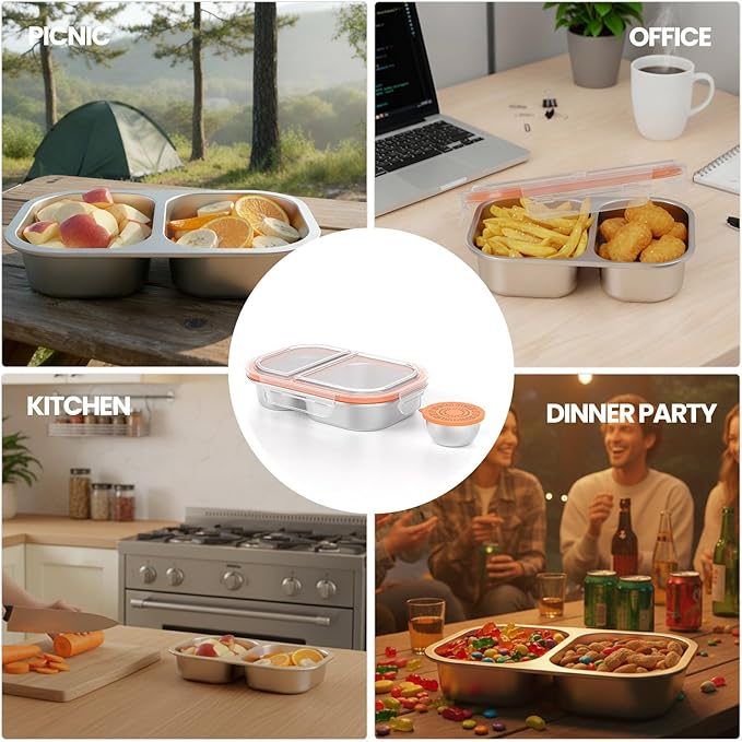 Snackle Box Container,Dishwasher,Reusable Snack Containers With Lids,2 Compartment Stainless Steel Snack Containers,Fruits, Snacks,Nuts,Salad,travel,800ML,White&Orange,2 Pack