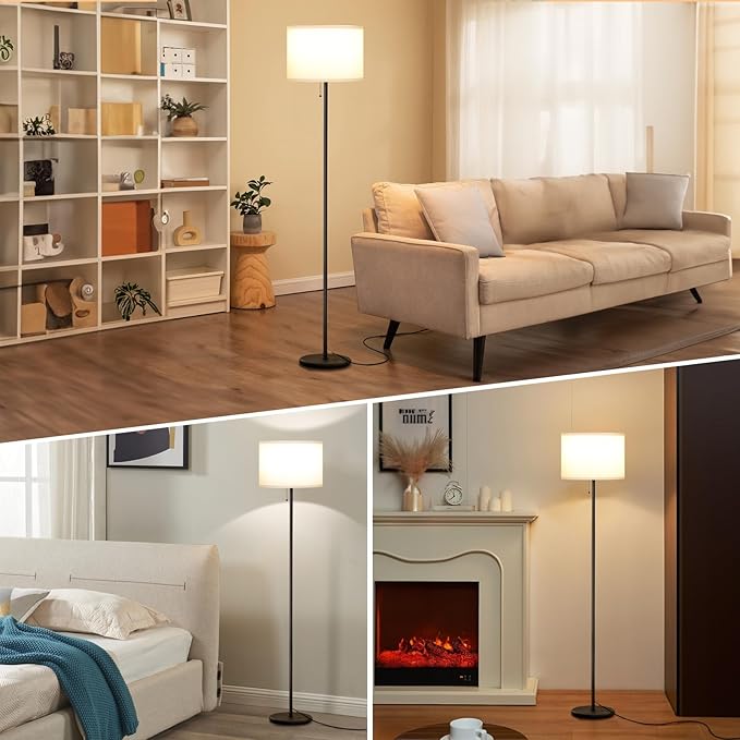 Ambimall Floor Lamps for Living Room with 3 Color Temperatures Bulb & Pull Chain Switch, 60" Modern Standing Floor Lamp for Bedroom Kids Room Study Room(White Shade & Black Pole)