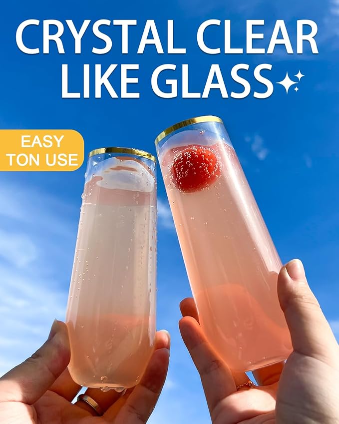 48 Pcak Champagne Flutes Plastic, 9 Oz Disposable Stemless Mimosa Gold Rim Toasting Glasses, Clear Crystal Plastic Cocktail Cups for Party Wedding Birthday