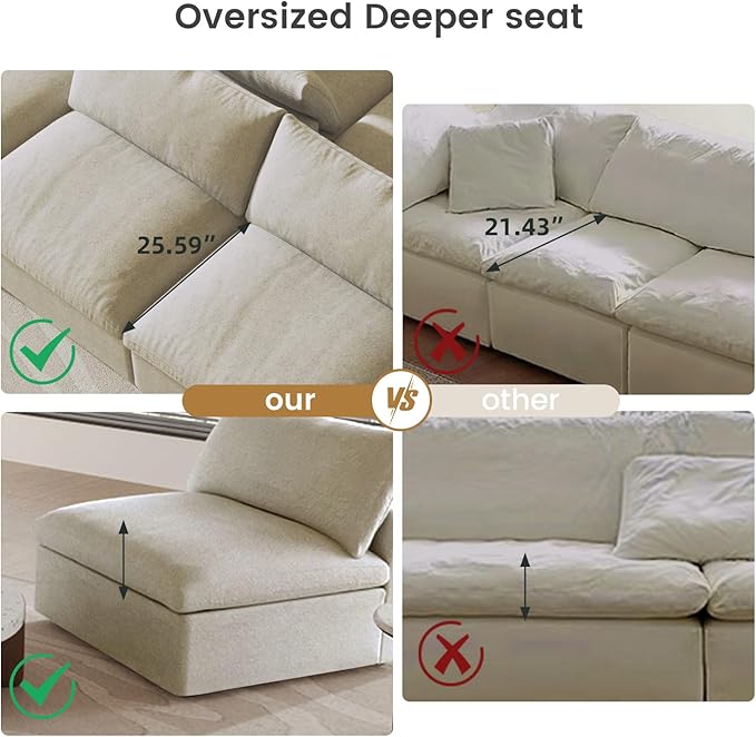 Cloud Couch 120" Sectional Couches for Living Room/Modular Convertible U Shaped Sofa Couch with 2 Storage Ottomans,5 Seater Minimalist Wide Deep Seat Sets (Khaki, 5 Seater)