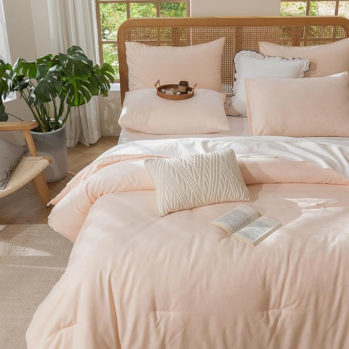 3 Pieces Pink Waffle Queen Comforter Set, Lightweight Comfy Breathable Waffle Weave Comforter All Season Soft Bedding (90x90 in Comforter & 2 Pillowcases)