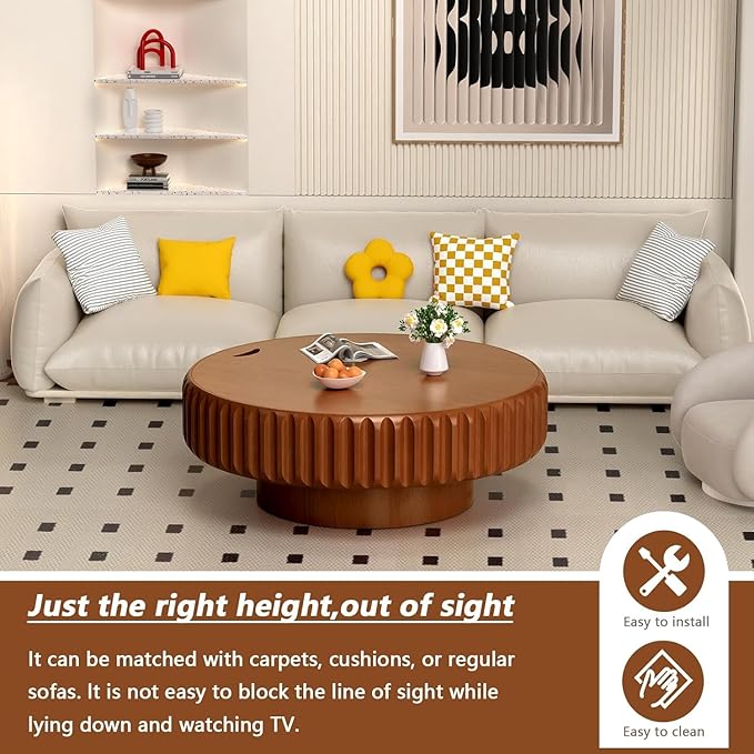 39.4" Drum Coffee Table with Storage Modern Unique Fluted Tea Table Contemporary Round Coffee Table with Fluted Center Table for Small Space Apartment (39.4in)