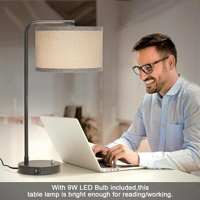 Gray Bedside Lamp with USB C+A Charging Ports, Fully Dimmable Modern Nightstand Lamp with Grey Fabric Shade, Tall Reading Lamp Desk Lamp for Bedroom Living Room Office with 3000K LED Bulb