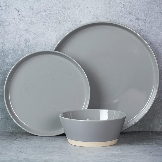 Famiware Saturn Dinnerware Set with Pasta Bowl, 16 Pieces Dish Set, Plates and Double Bowls Sets for 4, Chip and Scratch Resistant, Microwave and Dishwasher Safe Tableware, Dark Gray