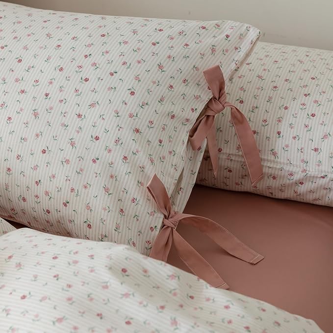 EAVD Garden Small Pink Floral Comforter Set Queen Soft Microfiber 3-Piece Floral Cottagecore Bedding Set with 2 Pillowcases Fresh Reversible Botanical Comforter Set for All-Season