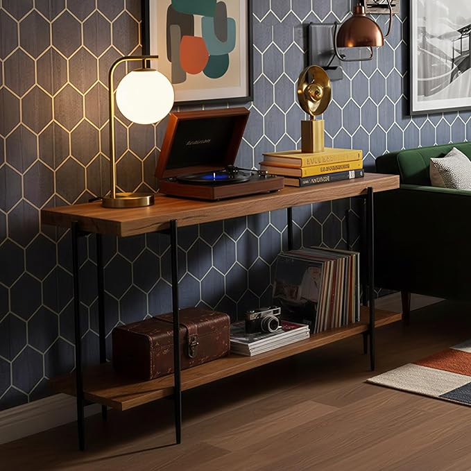 31.5” Console Table Narrow for Entryway with 2 Tier Storage Shelves, Solid Wood Industrial Entrance Sofa Table Behind Couch for Hallway, Foyer, Living Room(35.4"x11.8"x31.5")