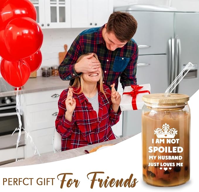 16oz Glass Cup with Lid and Straw - Perfect Wife Gifts for Anniversaries, Birthdays, or Christmas