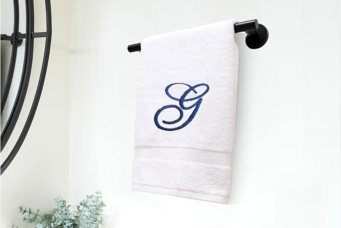 White Monogrammed Hand Towels for Bathroom - Luxury Hotel Quality Personalized Initial Embroidered Towel for Powder Room, Spa - GOTS Organic Certified - Set of 2 Navy Letter G