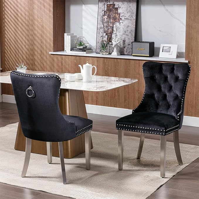 Goujxcy 70" Marble Dining Table Set for 6, Modern 7 Piece Dining Room Table Set with White Faux Marble Dining Table & 6 Black Velvet Upholstered Chairs, Luxury Silver Kitchen Table Chairs Set of 6