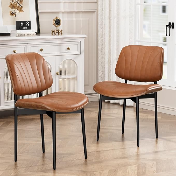 Dining Chairs Set of 4, Dining Room and Kitchen Chairs, Mid Century Modern Accent Chair, Upholstered PU Leather Chairs for Vanity with Walnut Bentwood and Metal Legs, Light Tan