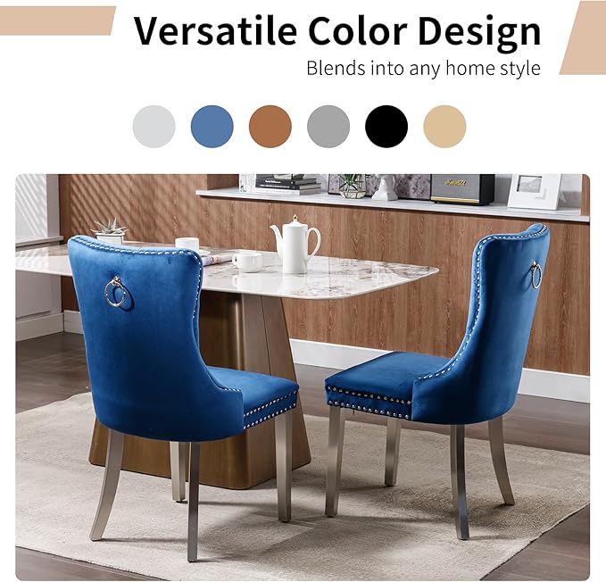 Luxury Upholstered Dining Chairs Set of 8, Blue Kitchen Chair with Silver Metal Legs, Velvet Tufted Back Dining Chair, Sillas de Comedor, Modern Kitchen & Dining Room Chairs (Blue, 8 Pcs)