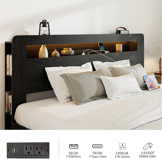 King Bed Frame with Headboard, Wooden Platform Bed Frame King Size with Bookcase Shelf, LED Lights, Charging Station, Heavy Duty Supports, No Box Spring Needed,Dark Black