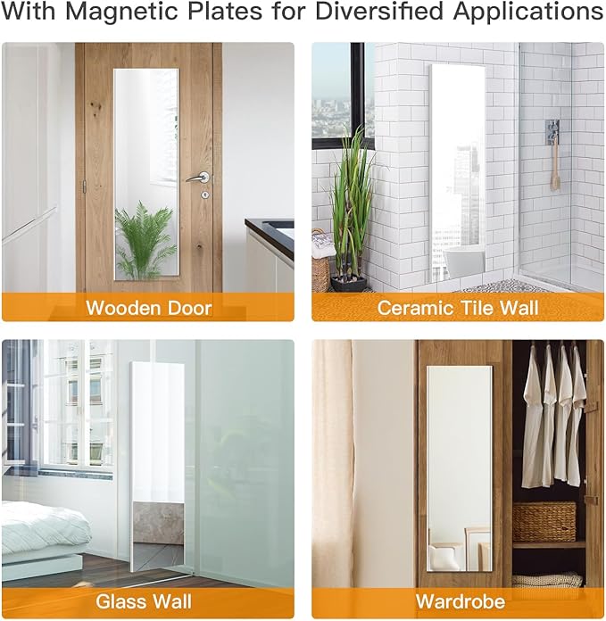 47"x12" Magnetic Mirror Lightweight Full-Length Mirror | Strong Adhesion, Easy Installation | Suitable for Refrigerators, Glass Walls, Wooden Doors, and More | 8.2kg Ultra-Strong Support | Black