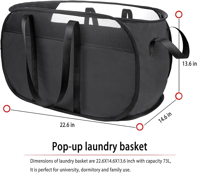 Pop Up Laundry Hamper,with Durable Handles collapsible laundry basket,Easy to Open and Fold for college Dorm,kids room,travel (black+gray)…