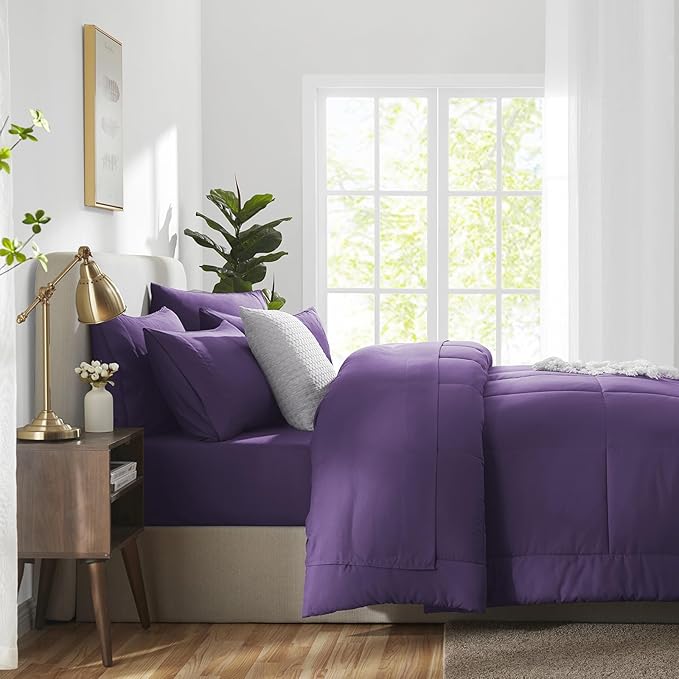 CozyLux King Size Comforter Set Purple, 7 Pieces Bed in a Bag, Purple Comforter King Size, All Season Bedding Sets with Stitch Quilted Comforter, Flat Sheet, Fitted Sheet, Pillowcases