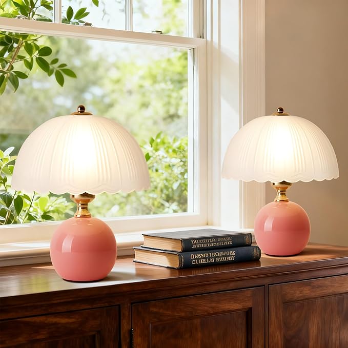 Ceramic Table lamp Set of 2, Modern Bedside Lamps Pink Mid Century Vintage Desk Lamp Retro Glass Mushroom Traditional Lamp for Nightstand Living Room Bedroom Home Decor (S05PK-2PACK)