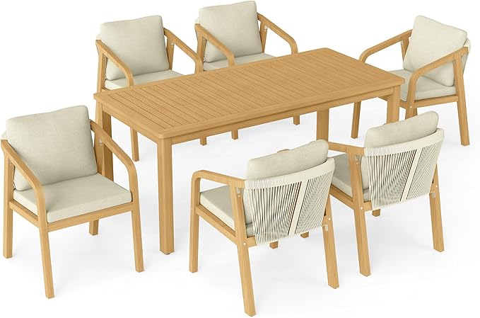 7-Piece Outdoor Dining Set for 6 with 23" Extra Wide Chair and Cushion,Patio Table and Chairs Set with All Acacia Wood Frame, All-Weather PE Rattan Outdoor Patio Furniture Set for Lawn Garden, Beige
