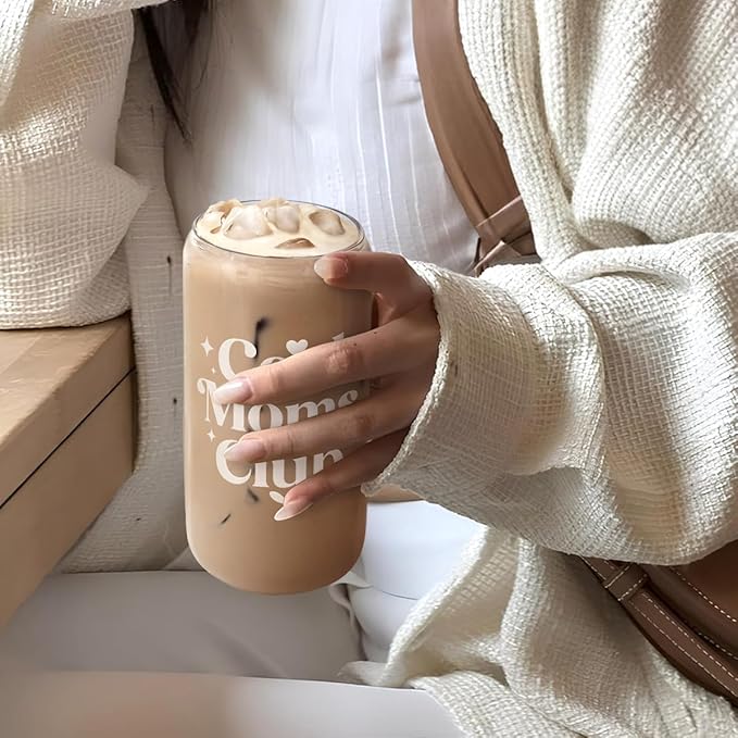 SANDJEST Mom Glass Can, Cool Mom Club Cup with Lid & Straw, Iced Coffee Aesthetic Cups, Idea Gift for Christmas Birthday Mother Day, Gifts for Women, 16oz
