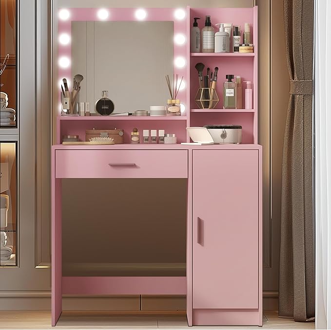 Vanity Desk with Mirror and Light, Large Drawer and Three Level Storage Dresser, 3 Lighting Modes Adjustable Brightness, Bedroom Dressing Table (Pink)