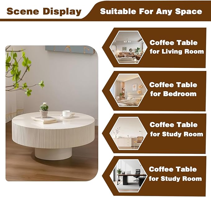 Round Drum Coffee Table White Round Fluted Coffee Table Circle Center Table Pedestal End Table for Apartment (Cream White)