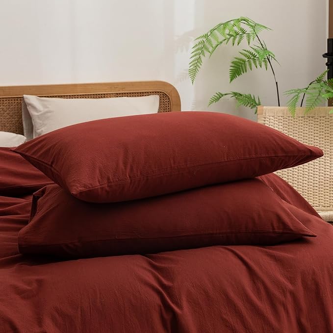 BESTOUCH Duvet Cover Set 100% Washed Cotton Linen Feel Super Soft Comfortable Chic Lightweight 3 PCs Home Bedding Set Solid Fired Brick Red Queen