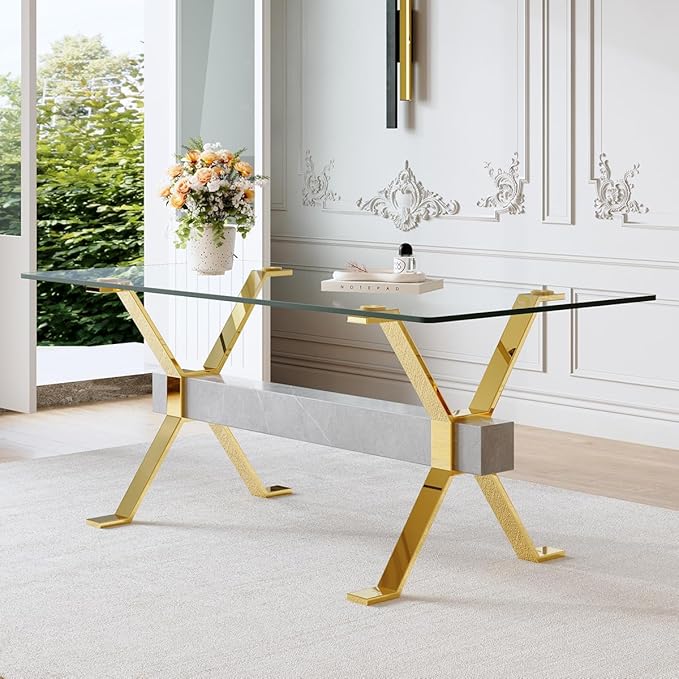 Glass Dining Table 71"|Modern Dining Table for 6-8|0.4" Thick Tempered Glass Top|Chrome Gold Metal Legs|Grey Crossbar|Easy Assembly|Perfect for Dining Room or Kitchen