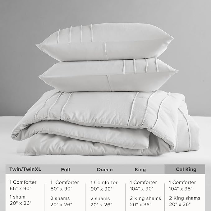 Comfort Spaces Silver Cal King Size Comforter Set - 3 Pieces Pintuck Pleated Bedding Sets, All Season Lightweight, Extra Softness Pre-Washed Microfiber Cal King Bed Set, Shams, Cal King
