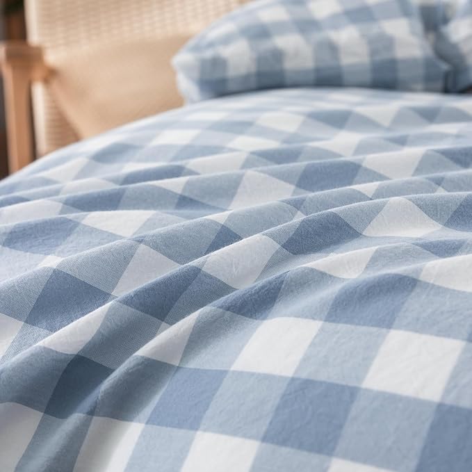 BESTOUCH Duvet Cover Set 100% Washed Cotton Linen Feel Super Soft Comfortable Chic Lightweight 3 PCs Home Bedding Set Cornflower Blue & White Grid Queen