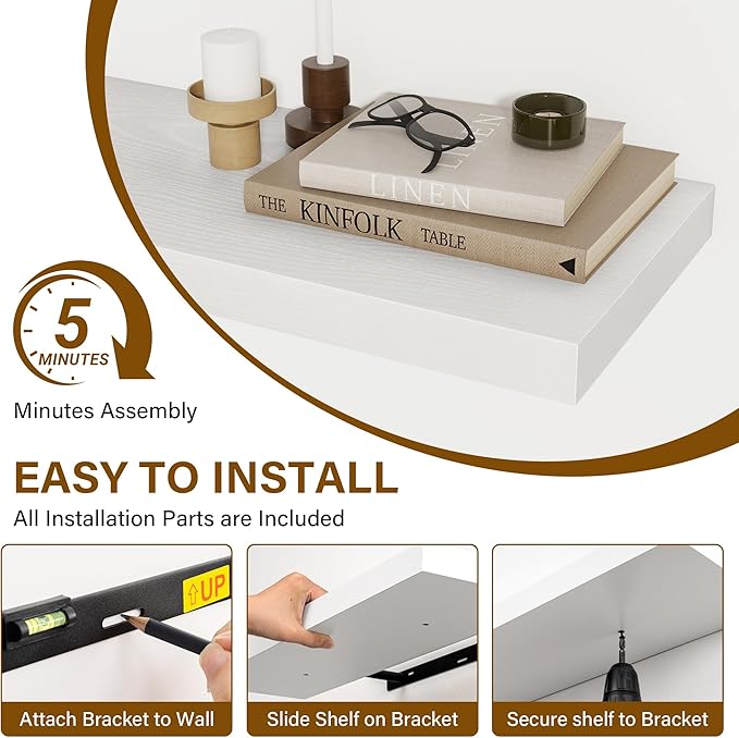 Fun Memories 40 Inch Floating Shelves Set of 2, 8 Inch Deep Wall Shelf, Rustic Wood Storage Shelves for Bedroom, Kitchen, Bathroom, Wall-Mounted Shelf with Invisible Brackets for Books|Storage, White