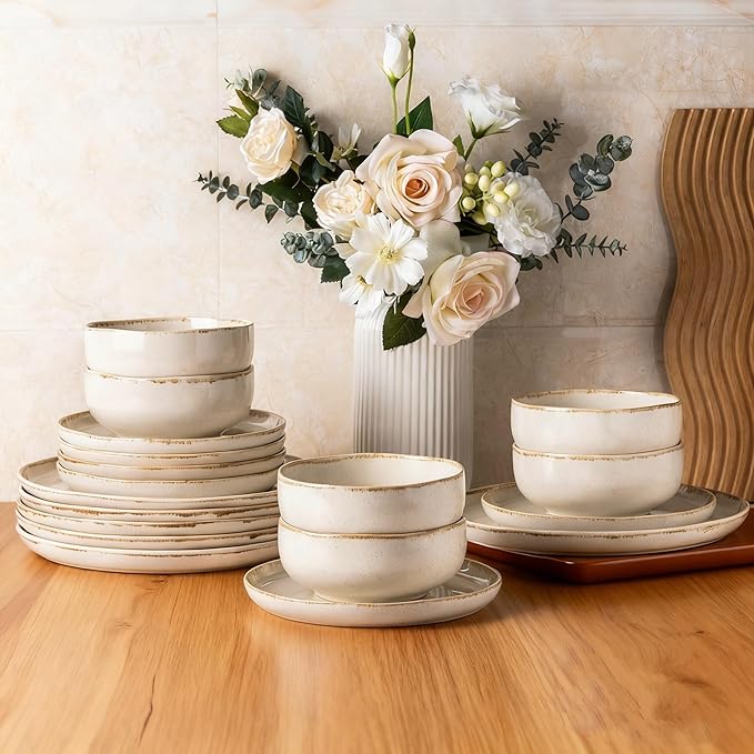 AmorArc Ceramic Dinnerware Sets, Wavy Rim Stoneware Plates and Bowls Sets, Highly Chip and Crack Resistant | Dishwasher & Microwave Dishes set, Service for 4 (12pc)-Speckled Cappuccino