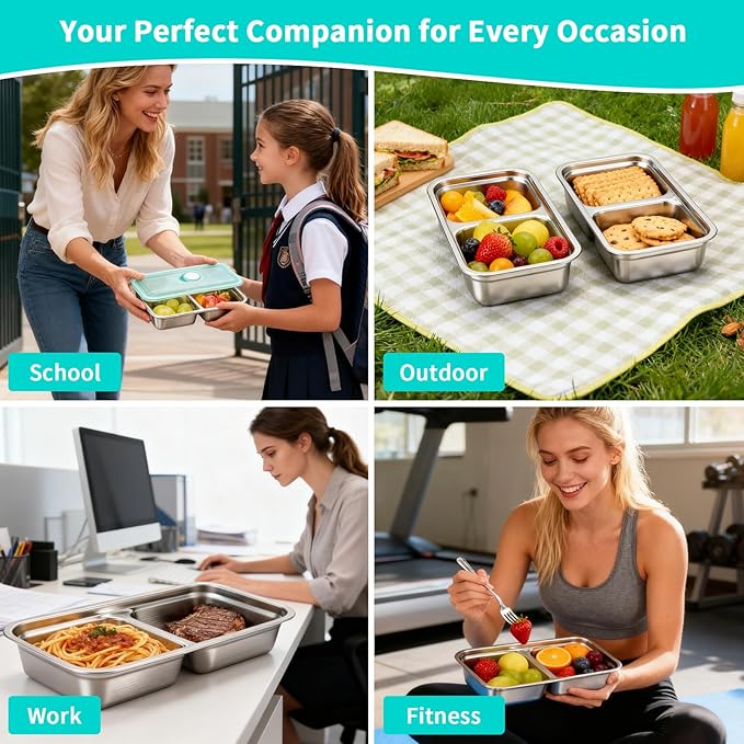 2 Pack Stainless Steel Snack Containers with Lids, Reusable Leak-Proof 2-Compartment Bento Box, Portable Food Storage Lunch Box for Work, Travel, Meal Prep