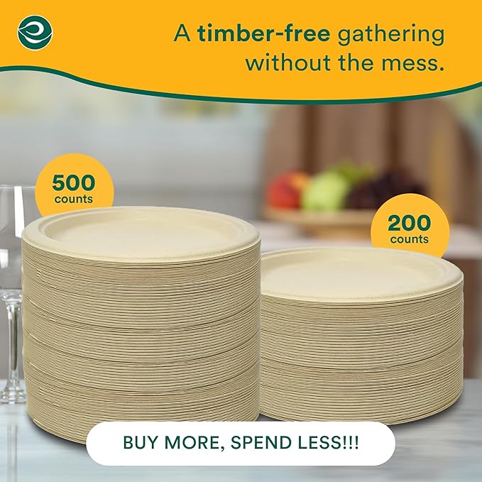 ECO SOUL Compostable 9 Inch(400-Pack) Biodegradable Heavy-Duty Disposable Eco-Friendly Paper Plates for Christmas Dinner & Parties, Wedding, Event