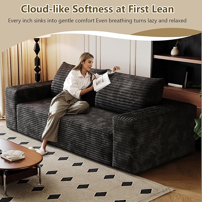 71" Boneless Loveseat Sofa - Cloud Couch with Memory Foam, Comfy Deep Seat - Corduroy Floor Sofa, No Assembly Required - Small Space Friendly for Living Room, Bedroom, Apartment, Black