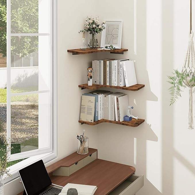 Homode Corner Floating Shelves, Corner Shelves Wall Mounted with Cord Hole, Set of 3 L Shape Wood Wall Storage Shelves for Living Room Bedroom Bathroom Kitchen, Rustic Brown