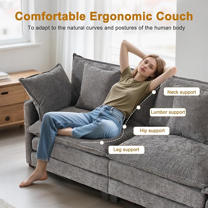 77" Cloud Sofa Loveseat & Couch|Small 2-Seater Chenille Sectional Sofa with 29.1" Deep Seat|FSC Certified Solid Wood & Metal Frame|Easy Assembly & 1YR Guarantee| for Apartment Living Room|Grey