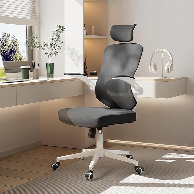 Office Chair,Ergonomic Comfy Home Desk Chair with 350LBS Capacity,High Back Gaming Chair with Wheels,Mesh Computer Chair,Lumbar Support, Adjustable Headrest,Flip-up Armrest (B-Black + White)