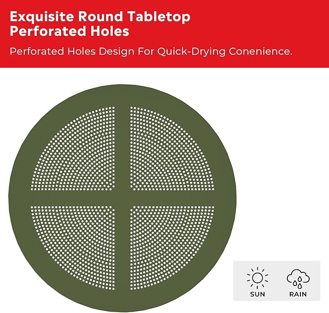Costaelm Small Patio Table, Outdoor Round Dining Table, Weather Resistant Outside Table for Poolside Deck Lawn Garden Backyard, Olive Green