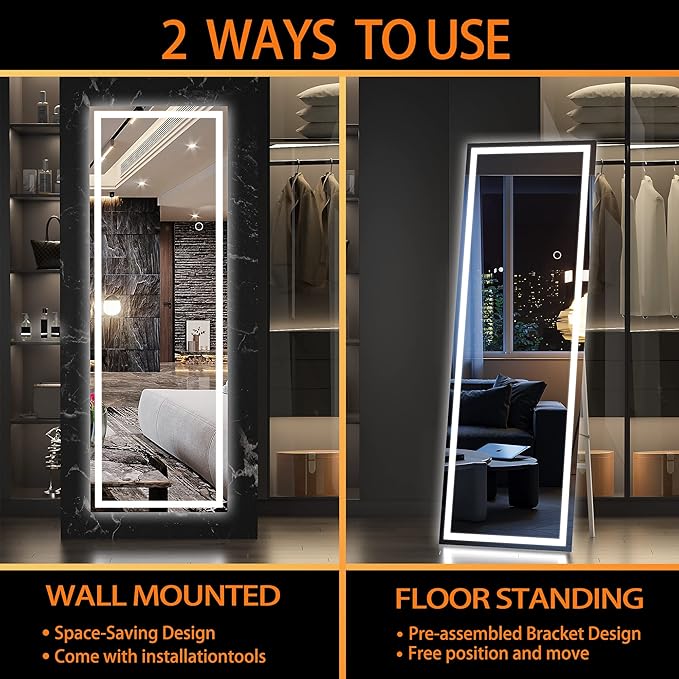 Hasipu Full Length Mirror with Lights, 56" x 15.8" LED Floor Mirror, Full Body Dressing Standing, Hanging Mounted Mirror for Living Room Bedroom Cloakroom, Square Black