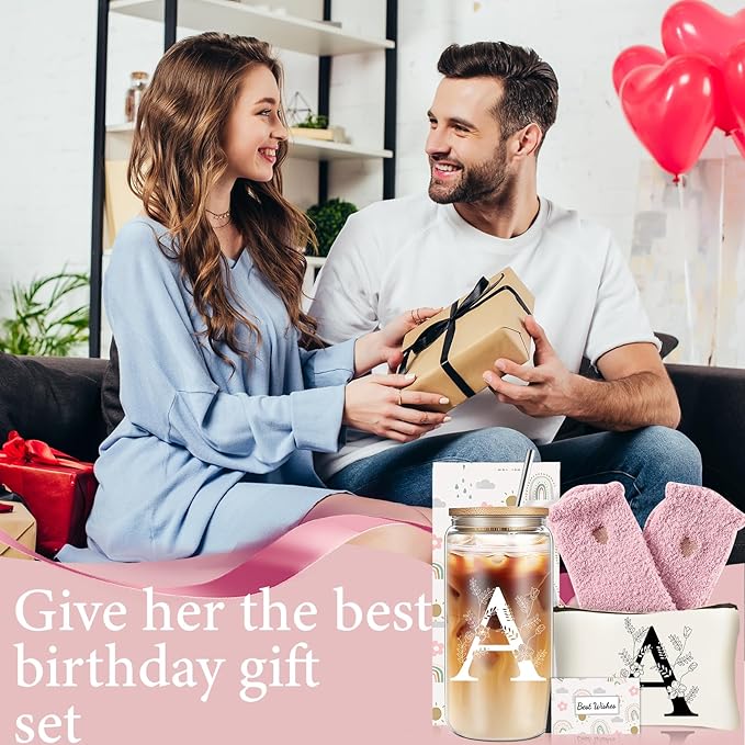 Unique Initial Glass Cup with Lids and Straws, Monogrammed Gifts Box Included Makeup Bag, Christmas Birthday Gifts for Women Mom Sister Grandma, A