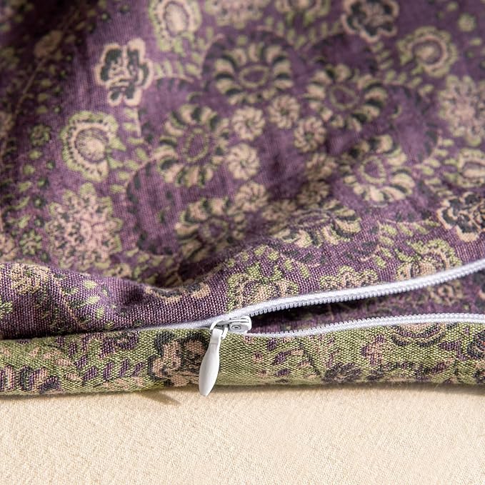 LifeTB Purple Green Floral Duvet Cover Queen Vintage Boho Medallion Bedding Set Queen 3 Pieces Jacquard Flower Comforter Cover Floral Yarn-Dyed Textured Linen Cotton Duvet Cover with 2 Pillowcases