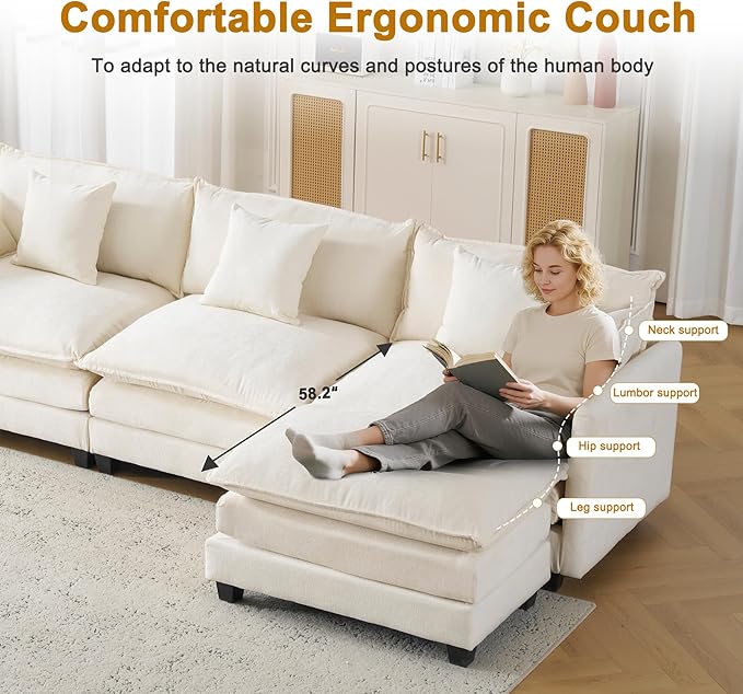 111.4" Cloud L Shaped Sectional Couch with Ottoman|Modular Chenille Sofa with 29.1" Deep Seat|FSC Solid Wood Frame|Easy Assembly & 1YR Guarantee|for Living Room Bedroom Apartment