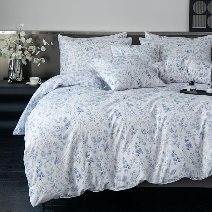 Twin Floral Comforter Set 2 Pieces Soft Blue Flower Print Botanical Garden Style Comforter and Pillowcases
