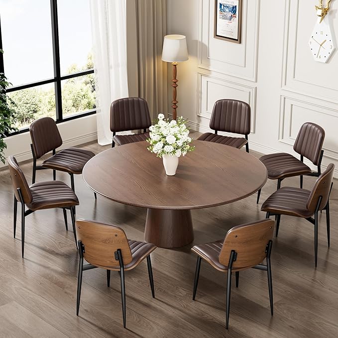 Dining Chairs Set of 2, Mid-Century Modern Upholstered PU Leather Chairs with Walnut Bentwood Back and Metal Legs Adjustable Feet for Kitchen Dining Living Room, Dark Brown Vertical Stripes