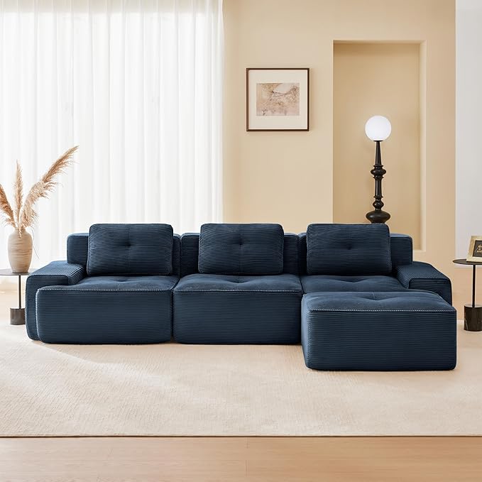 115.3'' Sectional Sofa, 32D Foam Corduroy Boneless Couch with Pillow, Deep Seat Wide Arm Sectional L Shaped Couch for Living Room, Apartment, Bedroom
