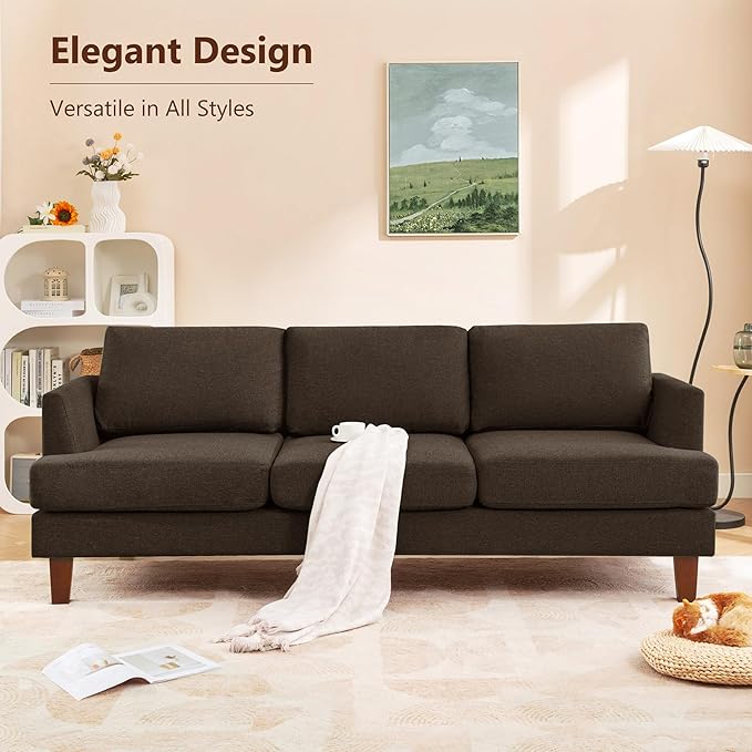 3 Seater Sofa Couch with Deep Seats, 89" Mid Century Modern Upholstered Sofa with Armrests, Comfy Couches for Living Room, Bedroom and Office, Linen Fabric Apartment Couch (Linen Brown)