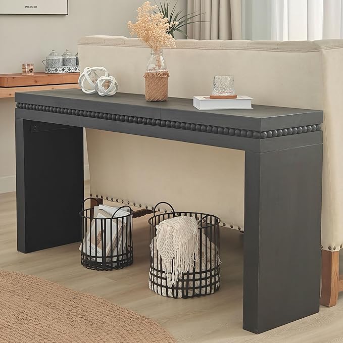 Console Table for Living Room, Long Sofa Table Behind Couch with Real Wood Beads Decoration, Retro Entryway Table for Hallway Foyer (64 Inch, Antique Black)
